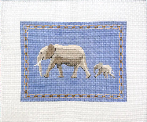 Edwina & Elle Elephants in Blue hand-printed needlepoint canvas by Grant Point Designs