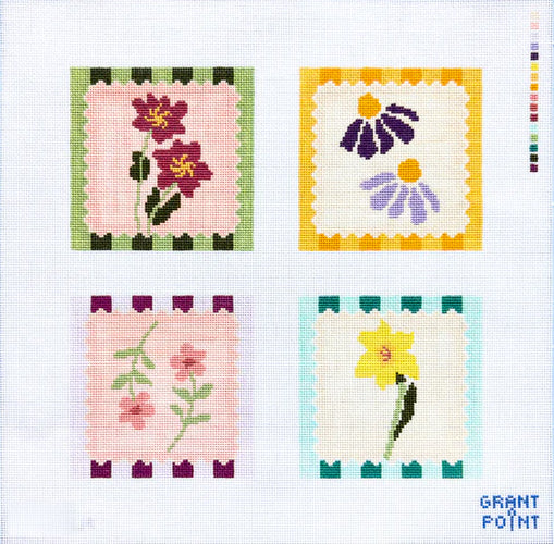 Floral Stamps Coaster Set hand-printed needlepoint canvas by Grant Point Designs