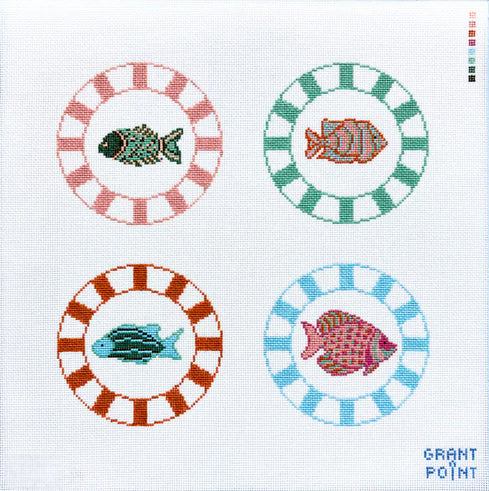 Tropical Fish Coasters hand-printed needlepoint canvas by Grant Point Designs