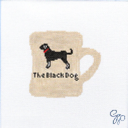 Black Dog Coffee Mug hand-printed needlepoint canvas by Grant Point Designs