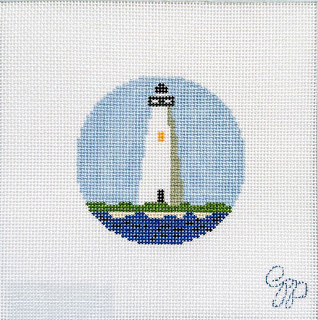 Edgartown Light House Round hand-printed needlepoint canvas by Grant Point Designs